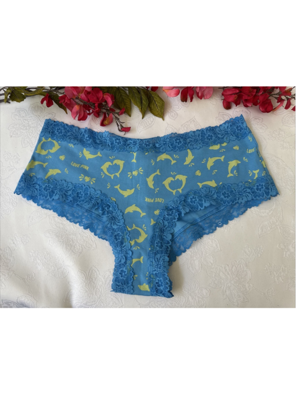 PINK VICTORIA'S SECRET XL BLUE LIME DOLPHINS CHEEKY RIBBED LACE TRIM PANTIES NWT